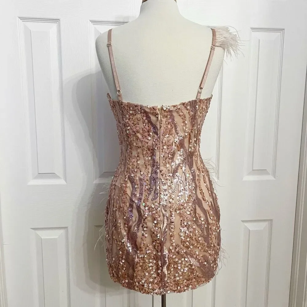 Bella Barnett Womens Pink Sequin Feather Mini Dress Size Medium - Picture 5 of 7